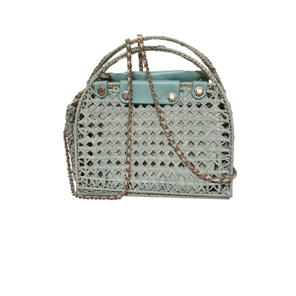 House of Harlow 1960 Mint Green Woven Straw Handbag Chain Crossbody Bag